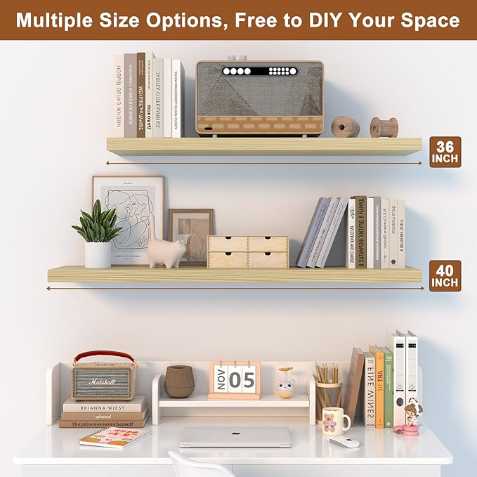 12 Inch Deep Floating Shelves for Wall 2 Pack Floating Shelfs Large Storage Space Wall Decor Display Shelf for Bathroom Living Room Bedroom Kitchen 40" W x 12" D x 1.2" H Natural Wood