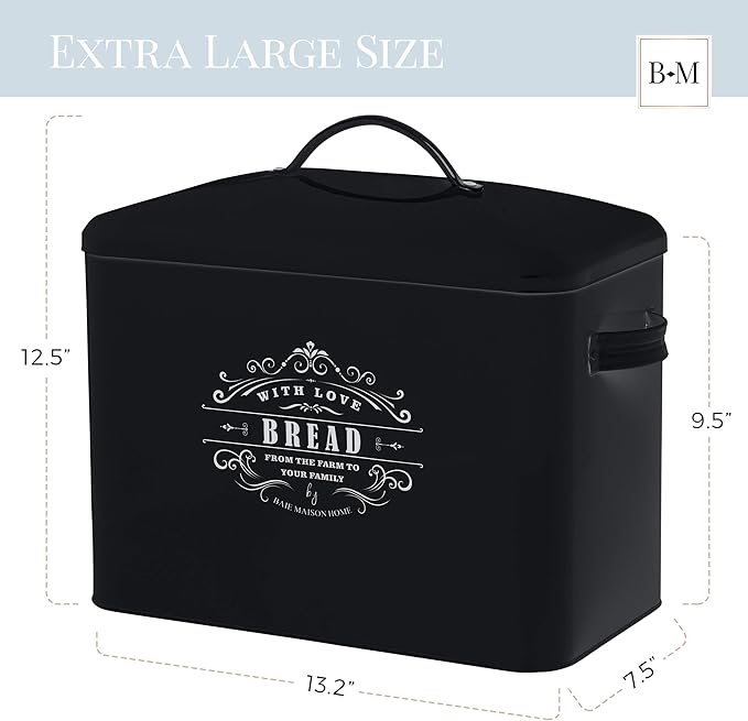 Baie Maison Extra Large Black Farmhouse Bread Box for Kitchen Countertop - Holds 2+ Loaves for All Your Bread Storage with Matching Large Kitchen Canisters Set of 3 - Coffee Tea Sugar Container Set