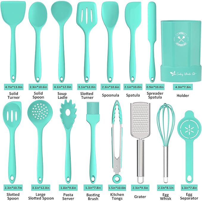 Silicone Kitchen Utensils Set, 16-Piece Silicone Cooking Utensils by Deedro, Heat Resistant Kitchen Tools Set with Holder, Nonstick Spatula Kitchen Gadgets for Cooking & Baking, Green