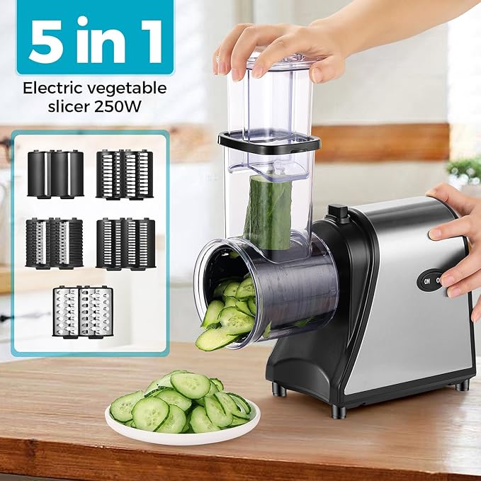Electric Cheese Grater 250W Vegetable Slicer with 5 Different Shapes of Blades for Shredding/Slicing/Grating, Compact Automatic Cheese Shredder for Block Cheese, Carrots, Fruit, Nuts