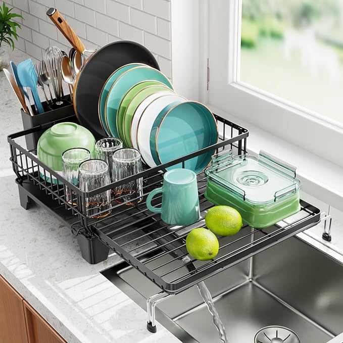 Swedecor Extendable Dish Drying Rack, Large 2-in-1 Dish Racks for Kitchen Counter with Drainboard & Pan Slots, Anti-Rust Over Sink Dish Drainer, 12.6" to 22.4" L x 16.7" W, Black