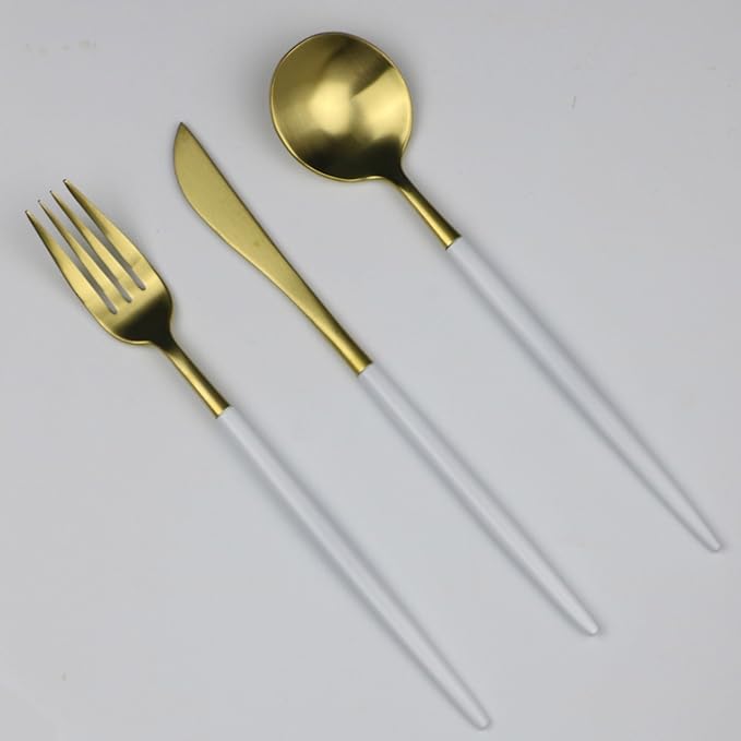 5-Piece 18/10 Stainless Steel Flatware Set, Serive for 1, With Fork Spoons Knife Teaspoon Dessert Fork for Home Kitchen Restaurant Hotel (White + Gold)