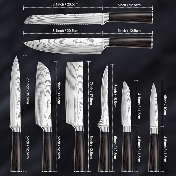 8-Piece Premium Japanese Kitchen Knife Set - Imperial Collection, Laser Damascus Pattern, 440A Stainless Steel Ultra Sharp for Fast Cutting (Redwood 8J)