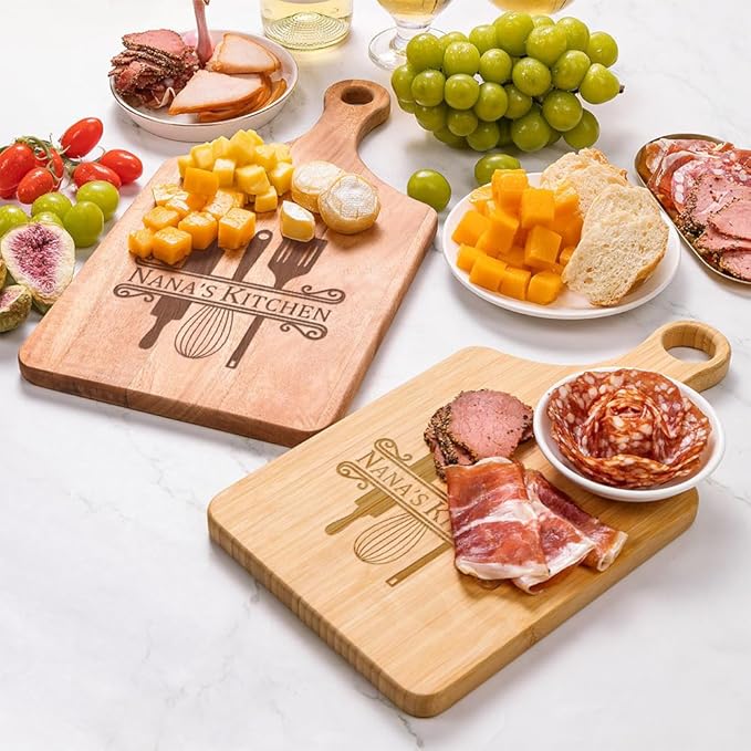 Personalized Wood Engraved Charcuterie Boards with Handle - Custom Reversible Cutting Board S M L - Customized Housewarming Gifts for Family Friend(Cooking Tool)