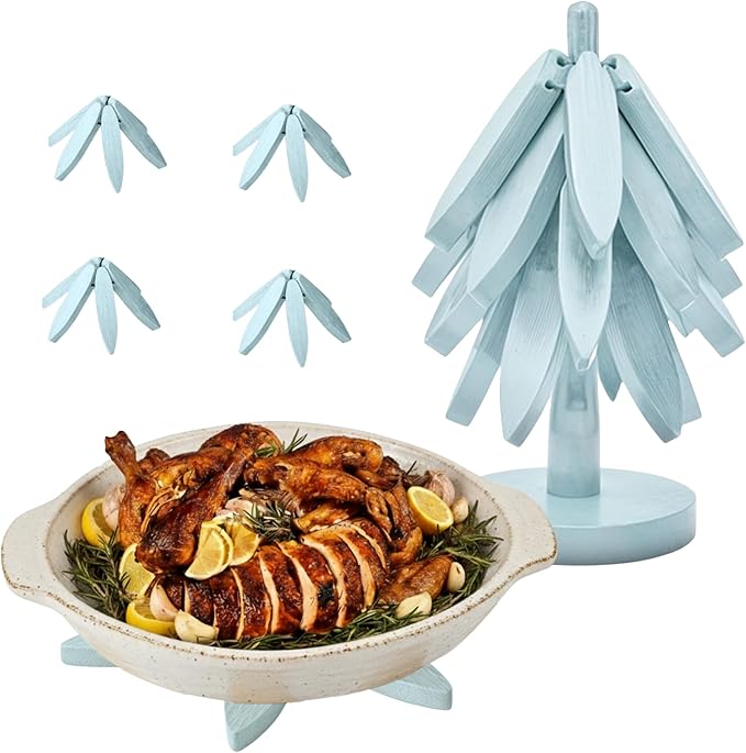 Wooden trivets for hot Dishes – 4 Tree-Shaped Coasters & 1 Stand for Hot Pots, Dishes | Heat-Resistant, Space-Saving Pot Rest & Cozy Kitchen Decor, Tree Trivets for Counter + Special Bonus (Sky Blue)