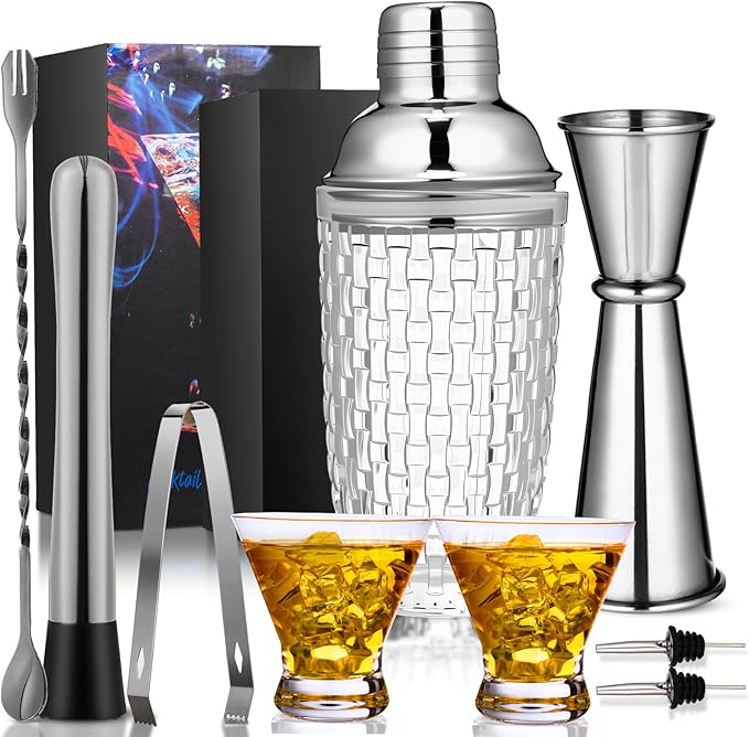 Pickmesh 9 Pcs Cocktail Shaker Set 13 oz Glass Cocktail Shaker with Built-in Strainer, 2 Martini Glasses, Shakers Bartending Drink Mixer Set Drink Mixer Gifts for Dad, Boyfriend, Husband(Silver)