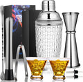 Pickmesh 9 Pcs Cocktail Shaker Set 13 oz Glass Cocktail Shaker with Built-in Strainer, 2 Martini Glasses, Shakers Bartending Drink Mixer Set Drink Mixer Gifts for Dad, Boyfriend, Husband(Silver)