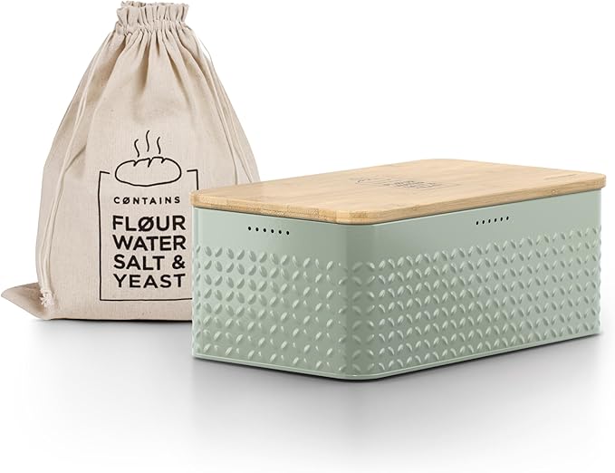 LARS NYSØM Bread Box I Metal Box with linen bag for long lasting freshness I Bread Bin with bamboo lid usable as cutting board I 13.4x7.3x5.3In (Sage Green)