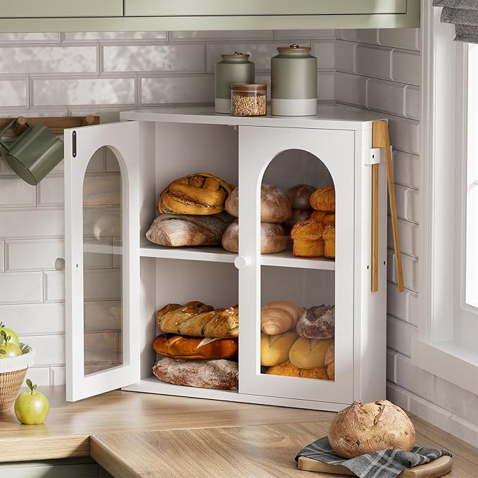 WOWLIVE Corner Bread Box for Kitchen Countertop, 2 Tier Bamboo Bread Storage Container for Homemade Bread with Clear Acrylic Door Panel, Bread Bin Farmhouse Breadbox Organizer (White, Extra Large)