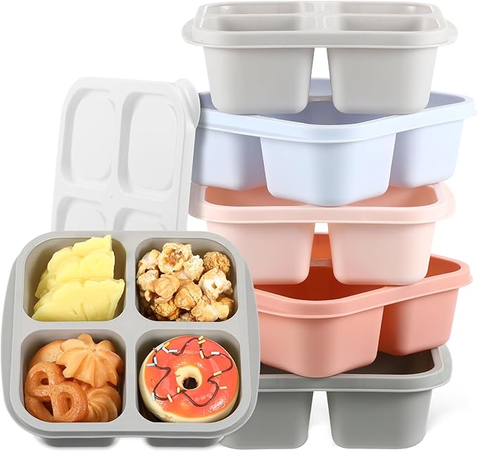 Honeydak 5 Pack Snack Containers 4 Compartment Bento Snack Boxes Reusable Lunchable Containers with Lids Divided Meal Prep Lunch Food Storage Box for School Work Travel(Morandi,Equal)
