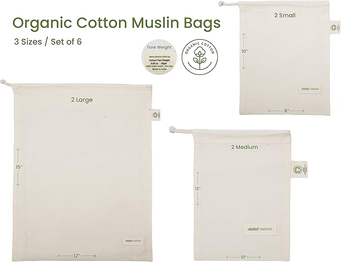 AMOUR INFINI Grocery Bags - Reusable Organic Cotton Food Safe Washable Produce Bags with Drawstrings - Set of 6 Muslin Bags for Shopping, Vegetables & Fruits Shopping Bag (2L - 2M - 2S)