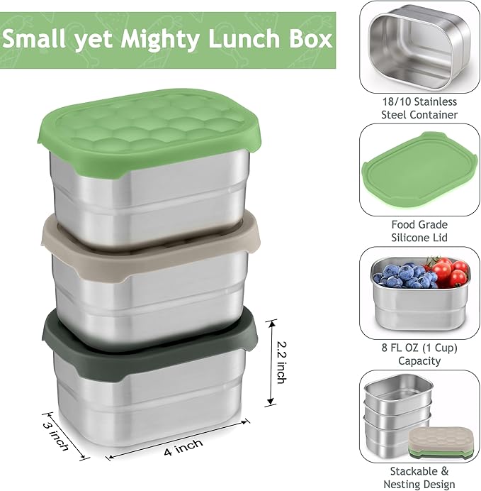 Homikit 3 Pack Snack Containers for Kids, 18/10 Stainless Steel Toddler Lunch Box with Silicone Lids, Reusable Bento Food Container Set for School Daycare, Nontoxic & Leak Proof, Green/Khaki/Gray