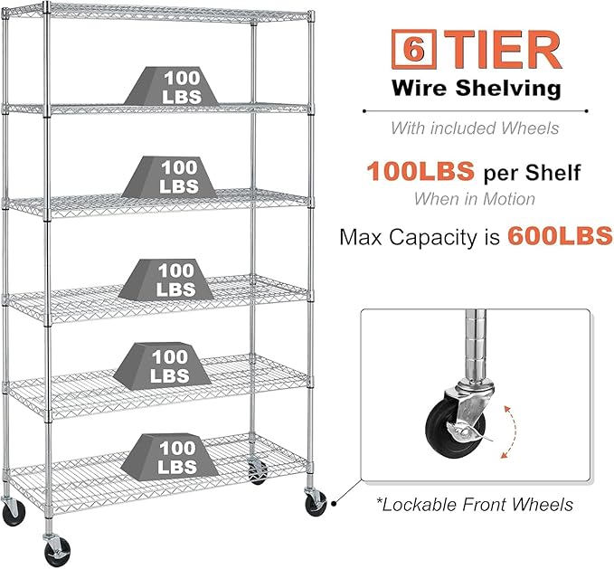 6-Shelf Storage Shelves Wire Shelving Unit with Wheels, 6000lbs Heavy Duty Metal Garage Shelving Storage Rack Adjustable NSF Shelf for Commercial Rolling Utility，(48"x18"x76", Chrome)