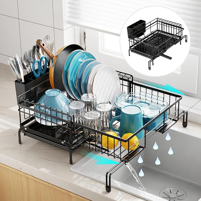 GSlife Expandable Dish Drying Rack - Small 2-in-1 Dish Racks for Kitchen Counter and Sink, Compact Dish Rack with 2 Pan Slot & High Raised Edges for RV and Apartment, 18.7"-11.4" L x 15.6" W, Black