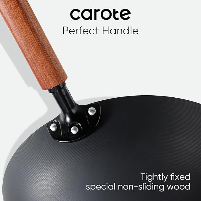 CAROTE 12" Carbon Steel Wok Pan, 4.5QT Woks & Stir-fry Pans, No Chemical Coated Pre-Seasoned Flat Bottom Wok with Lid for Stir Fry, BBQ, Grill & Camping, All Stovetop Compatible, Black