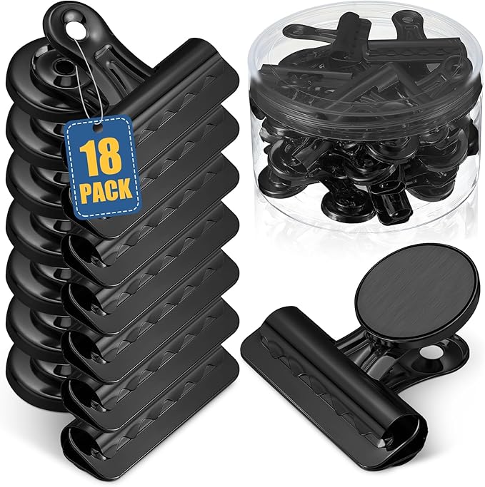 18 Pcs Magnetic Clips 2.2 Inch Metal Heavy Duty Refrigerator Magnet Clips with Box for Whiteboard Fridge Photo Displays Office School Classroom (Black)