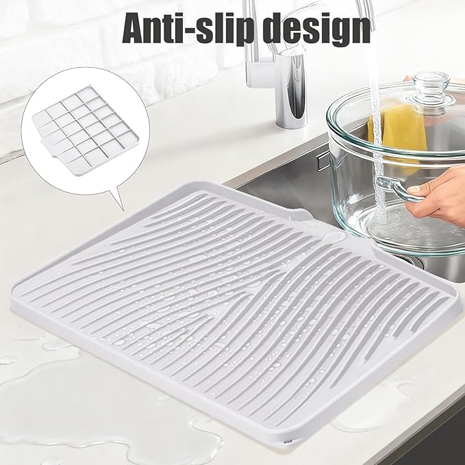 Silicone Dish Drying Mat, Stone Drying Mat for Kitchen Counter with Built-In Drain, Non-Slip Drying Matt Kitchen Counter, Heat Resistant Dish Drying Pad, 1 Pc (19.7" x 17",Ivory)