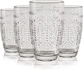 CREATIVELAND Colored Vintage Drinking Glasses Set of 4, 15.5 oz Romantic Embossed Water Glasses, Colored Tumblers Tempered Glass for Juice, Beverages, Beer, Cocktail (Gray)