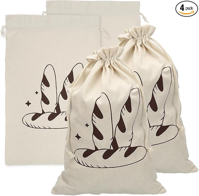 uxcell 4 Pack Reusable Bread Bags, 17.7 x 11.8 Linen Bread Storage for Homemade Sourdough Beeswax Food Drawstring Closure, Brown Bread