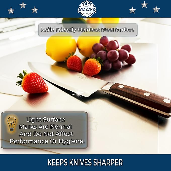 Stainless Steel Cutting Board Set 2 Pcs – Premium SUS 304 Double-Sided Cutting Boards for Kitchen, Meat, Vegetables – Includes Sponge, Adhesive Hook & Silicone Pad – Dishwasher Safe - Large & Medium