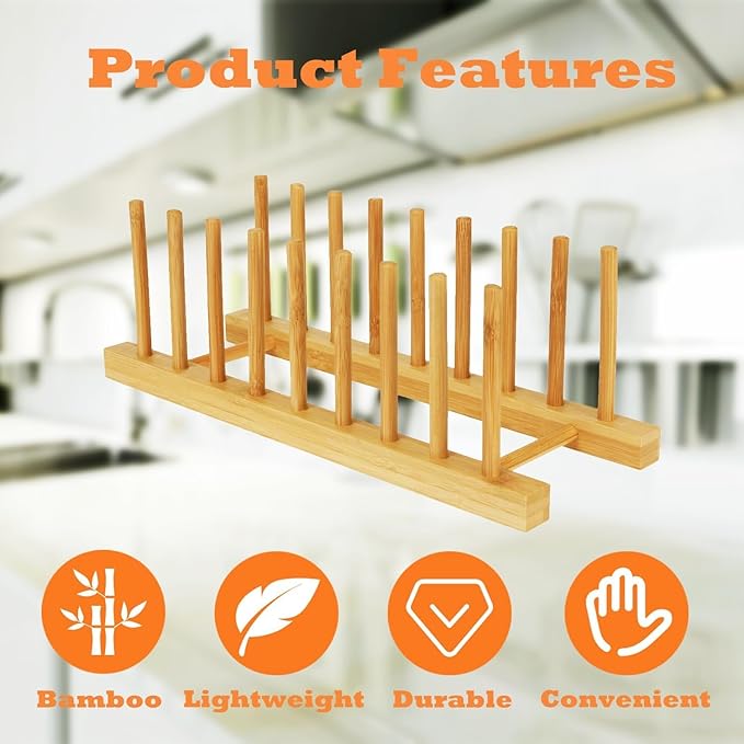 Bamboo Dish Drying Rack Kitchen Cabinet Organizer, Plate Pot Lid Organizer, Wooden Drying Rack Stand Drainer for Dish, Pots, Lids, Bowls, Cups, and Cutting Boards and Books (4PCS)