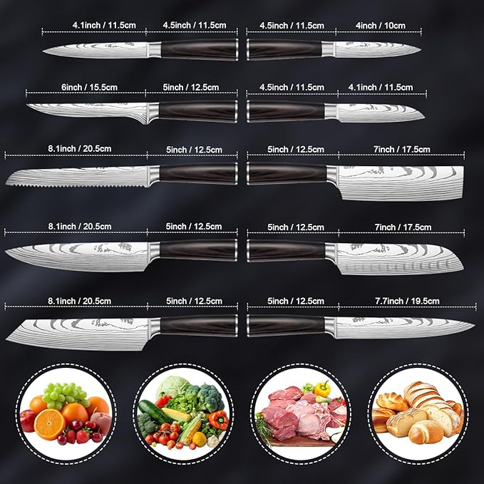 10-Piece Premium Japanese Kitchen Knife Set - Imperial Collection, Laser Damascus Pattern, 440A Stainless Steel Ultra Sharp for Fast Cutting (Redwood 10J)