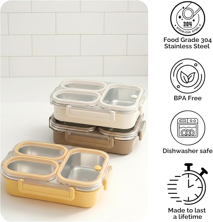 304 Stainless Steel Lunch Box for Adults & Kids, 25oz Leakproof Metal Bento Box with 3 Compartments, BPA-Free, Reusable & Dishwasher Safe Food Container for School,Office,Picnic,Travel(Yellow)
