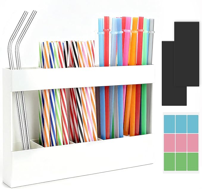 Acrylic Straw Holder, Straw Organizer Dispenser with Two Pieces Rubber Magnet Sheets, Drinking Straw Storage Holder for Cabinet Door Fridge Counter Kitchen Office(White)