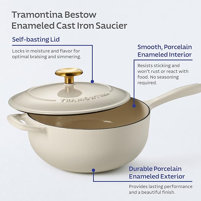 Tramontina Bestow Enameled Cast Iron Saucier Pan with Lid, 3-quart, Latte with Gold Knob