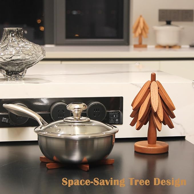 Wooden Trivets for Hot Dishes, Artisanal Wooden Coasters Trivet, Wooden Tree Trivet Set, Set of 3 Natural Tree Trivets+1 Stand