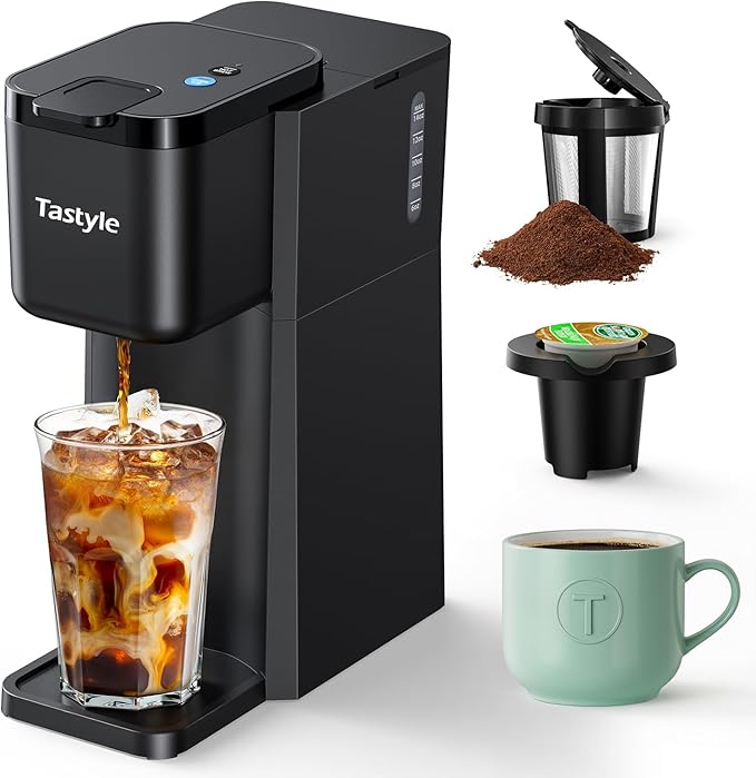 Mini Hot and Iced Coffee Maker Single Serve, for K Cup and Ground, 6 to 14 Oz Brew Sizes, with Recipe Book, for Home, Travel, RV, Office and Dorm, Classic Black (2.0 Version)