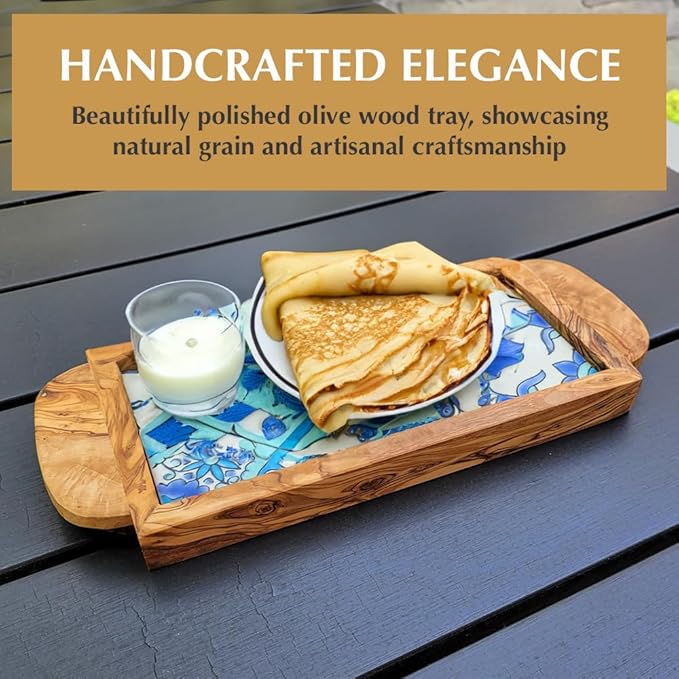 Kamsah Olive Wood Serving Tray with Handles (L:11”, W:5”) Decorative Rectangle Serving Trays for Serving Food, Drinks, Tea, Coffee -Rustic Vintage Wooden Serving Tray for Table & Gifts - Sidi Bou Said
