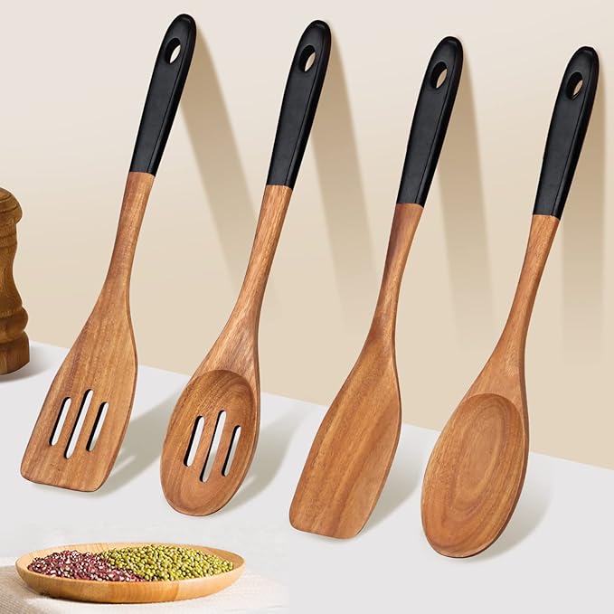 14 Inch Large Wooden Spoons for Cooking Utensils Set Acacia Wood Spatula Slotted Spoon Best Non Toxic Kitchen Utensil Long Mixing Spoon Spatulas Turner Stirring Serving Spoons Kitchen Use Tools