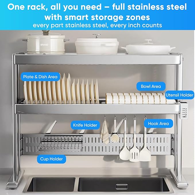 Large Over The Sink Dish Drainer Drying Rack，2 Tier Large Capacity Stainless Steel Dish Drying Rack Over Sink, Multifunctional Kitchen Organizers and Storage Dish Rack 304 Silver, Double Layer)