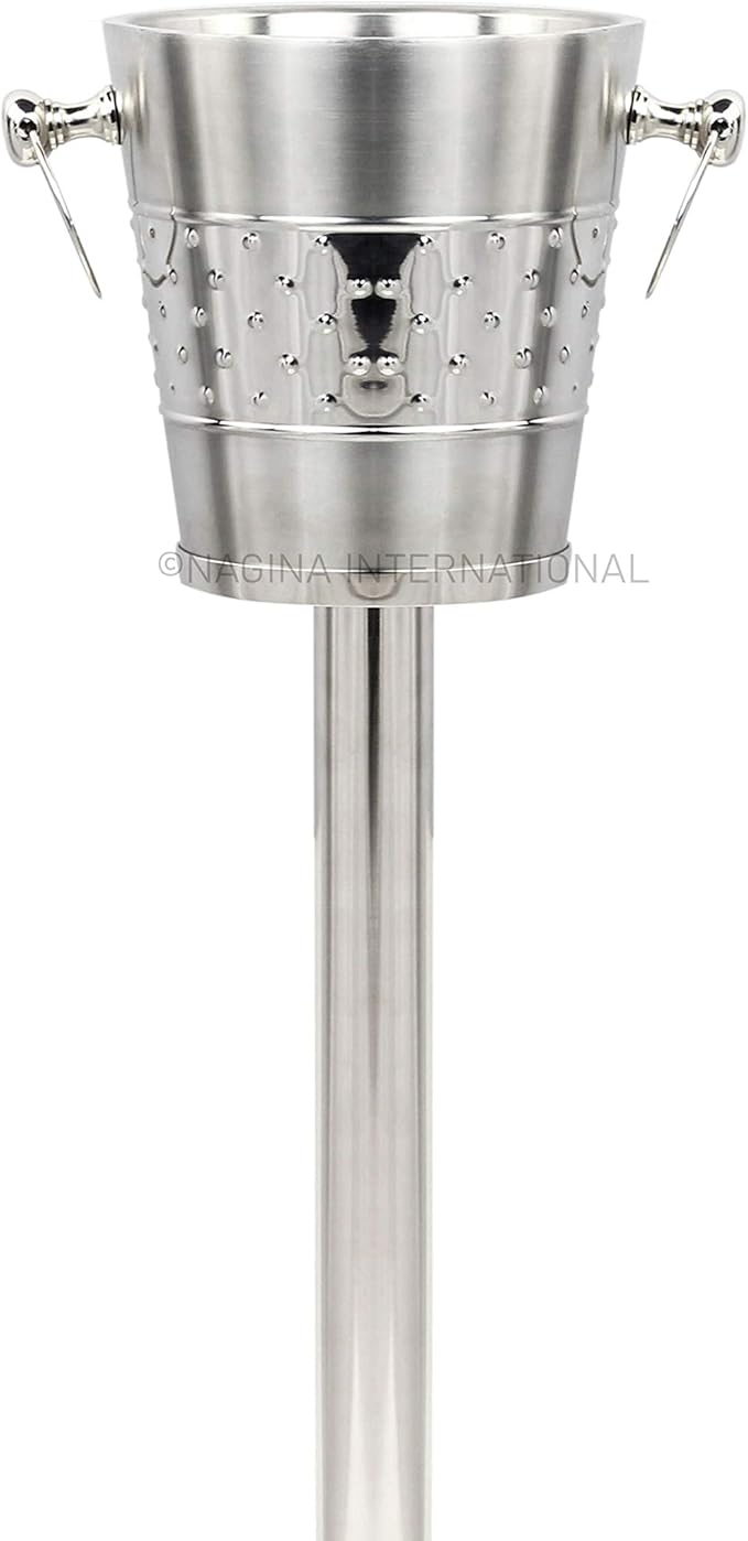 Indo-Persian Brushed Nickel Plated Majestic Wine & Ice Bucket with Steel Bucket Stand | Wine Chiller On Stand Kitchenware Bar Ware