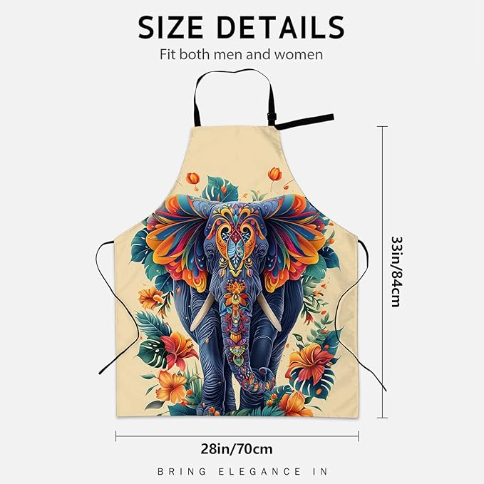 Exotic Elephant Apron for Women, Cooking BBQ Chef Polyester Lightweight Vibrant Tropical Flowers Aprons with Pockets for Baking Kitchen Gardening Cleaning, Adjustable Neck Strap, 28×33inch