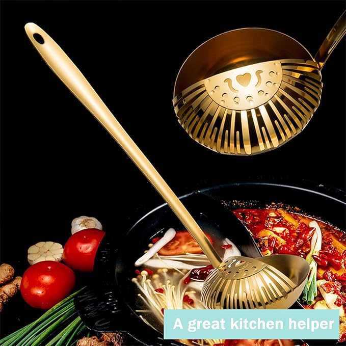 2 Pcs Hot Pot Dual Purpose Stainless Steel Soup Ladle, Gold Silver Soup Filter Oil Filter Spoon