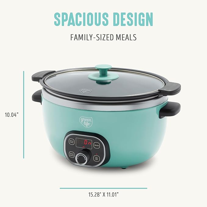 GreenLife 6QT Ceramic Slow Cooker, PFAS-Free, Programmable, Removable Healthy Nonstick Pot for Family Meals, Sear on Stovetop, Keep Warm, Digital Timer, Dishwasher Safe Crock, Turquoise
