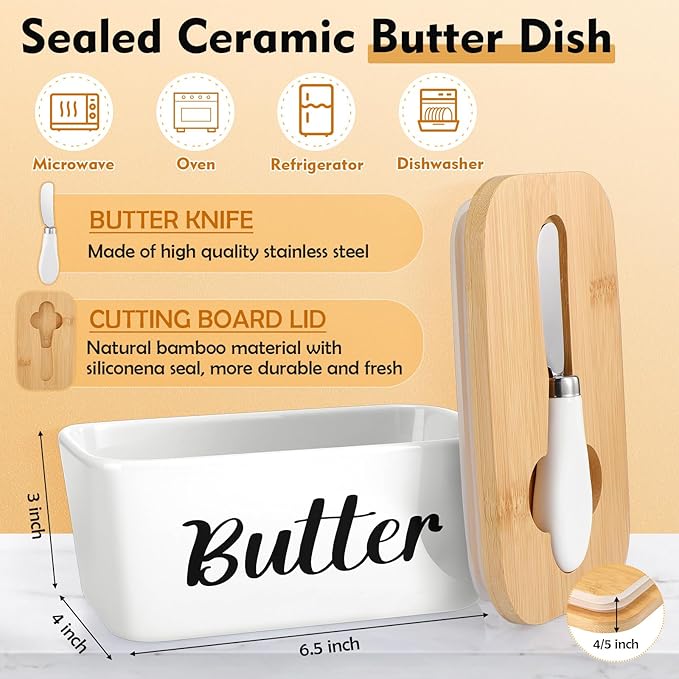 Hushee Metal Bread Box and Butter Dish with Bamboo Cutting Board Lid and Knife Bread Storage Container Breadbox for Kitchen Counter Butter Organizer for Kitchen Countertop Decoration(White)