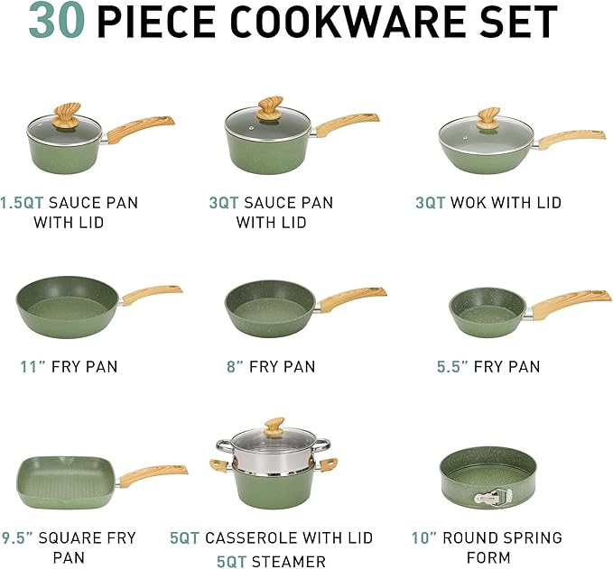 MAISON ARTS Pots and Pans Set Non Stick, 30 Piece Kitchen Cookware & Bakeware Sets with Granite Coating, Pots and Pans Sets for Cooking Nonstick, Green