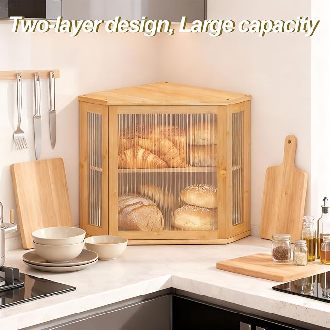 Corner Bread Box for Kitchen Countertop Two-Tier Large Capacity Bread Boxes Storage Container with Adjustable Height Countertop Bread Storage Bin