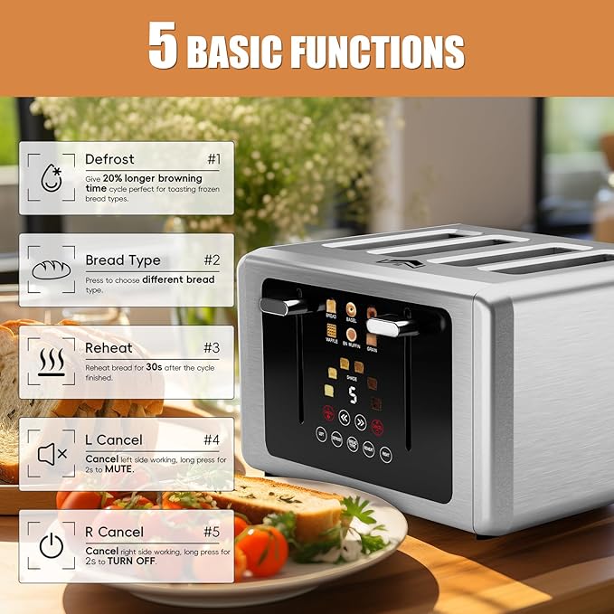 4 Slice Toaster, Touchscreen & Dual Independent Control Panel，5 Basic Functions & Digital Countdown Toasters, 6 Shade Settings＆6 Bread Types, Smart Bread Maker Mute/Screen-Off,Titanium