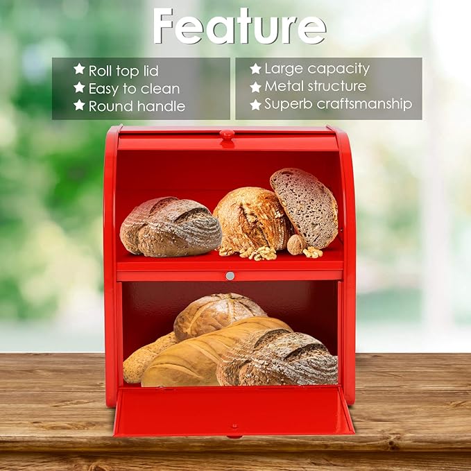 2 Layer Metal Bread Boxes, Bread Box Storage Bin Kitchen Container with Roll Top Lid Iron Countertop Containers Metal Food Storage Bread Keeper Large Capacity Home Kitchen Counter（Red）