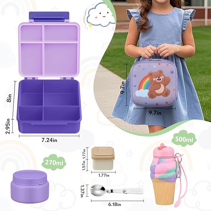 Lunch Box Kids with 5 Compartments, Insulated Food Jar & Utensil & Sauce Container & Lunch Bag & Silicone Collapsible Cup, Leak Proof Bento Box, BPA-Free & Dishwasher Safe-Deep Purple