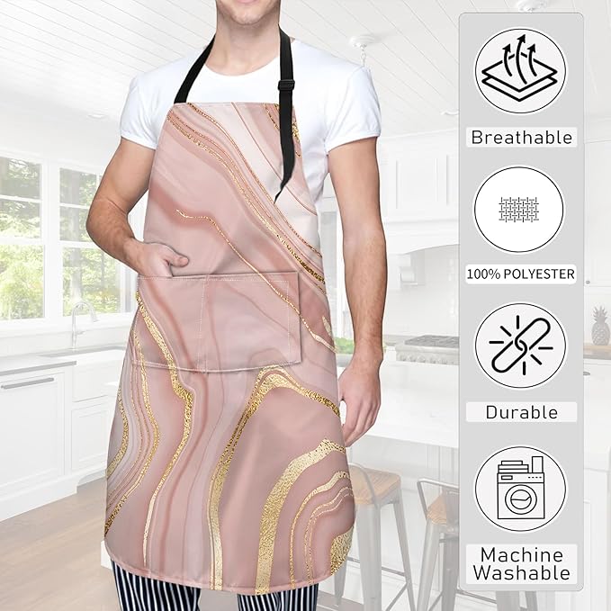 Marble Pink Apron,Oxford Fabric Adjustable Kitchen Apron with 2 Pockets,Waterproof Cooking Aprons for Men Women Mom Wife Dad,Ideal Gifts for Coffee House,Shop,Baking,BBQ,Housewarming,28x33in