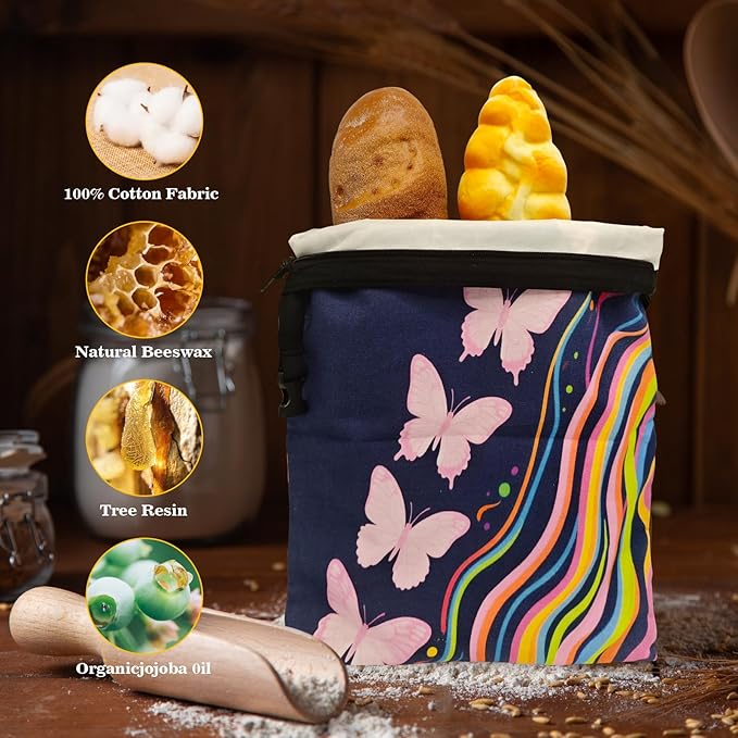 Beeswax Bread Bags for Sourdough 2 Pack 13"x17" Eco-Friendly Reusable Linen Cotton Storage Bags with Zipper Closure for Homemade Bread Fresh-Keeping, Freezer-Safe (Colorful butterfly)