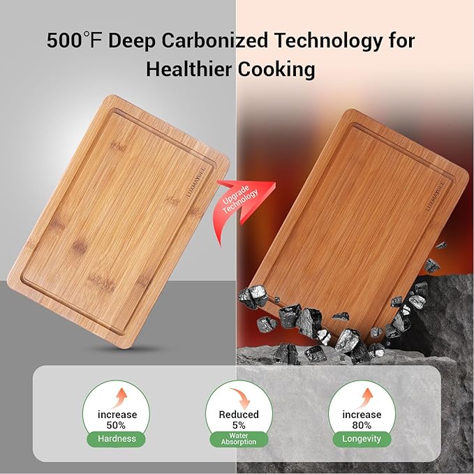 Bamboo Cutting Board for Kitchen, Wooden Cutting Boards 3-Piece with Deep Juice Groove Built-In Handles and Non-Slip Feet, Wood Chopping Boards Set for Meat Vegetables Fruit Ideal Gift for the Home