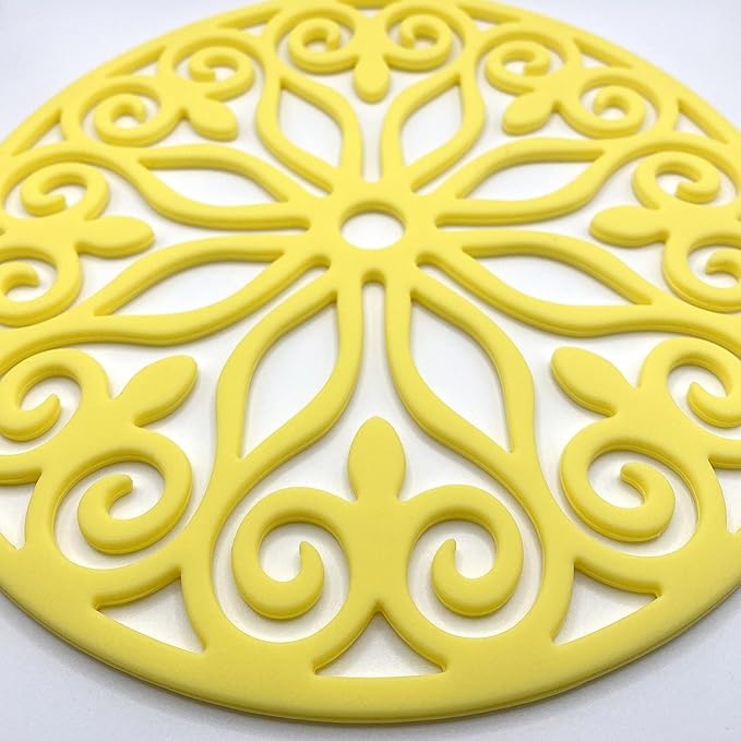 3 Set Silicone Trivet Mats with 1 Extra Large Included | Intricately Carved Insulated Flexible Durable Non Slip Thick Round Premium Trivets for Hot pots and Pans | Vintage Yellow