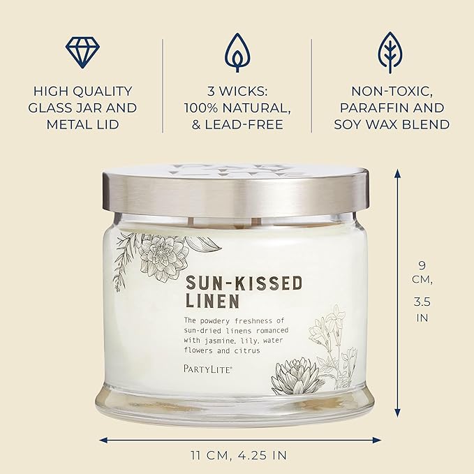 PartyLite Sun-Kissed Linen Scented, Notes of Jasmine Musk, Lily & Citrus, 13.2oz 3-Wick Jar Candle, 45 Hour Burn Time, Luxurious Fragrance, Ideal for Gifting
