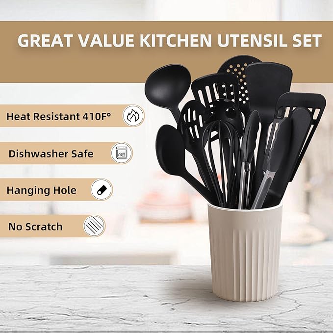 TJ POP Kitchen Utensils Set of 11 Pcs, Nylon Utensils Set, Non-Stick Cooking Utensils Set 410°F Heat Resistant, Kitchen Gadgets Accessories Tools for Cookware (BPA Free)